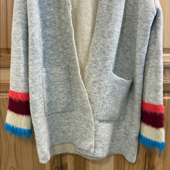 Anthropologie Maude Vivante Cozy Gray Open Cardigan Sweater Colorful Wrist Sz L - Picture 5 of 11